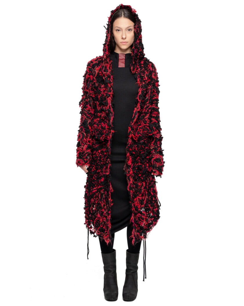 Phase Fiber Bond Red Hooded Cardigan