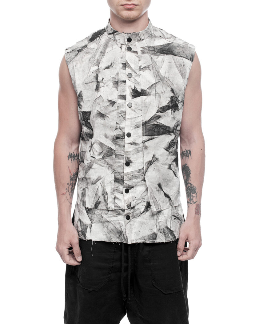 Standing Collar Sleeveless Object Dyed Shirt